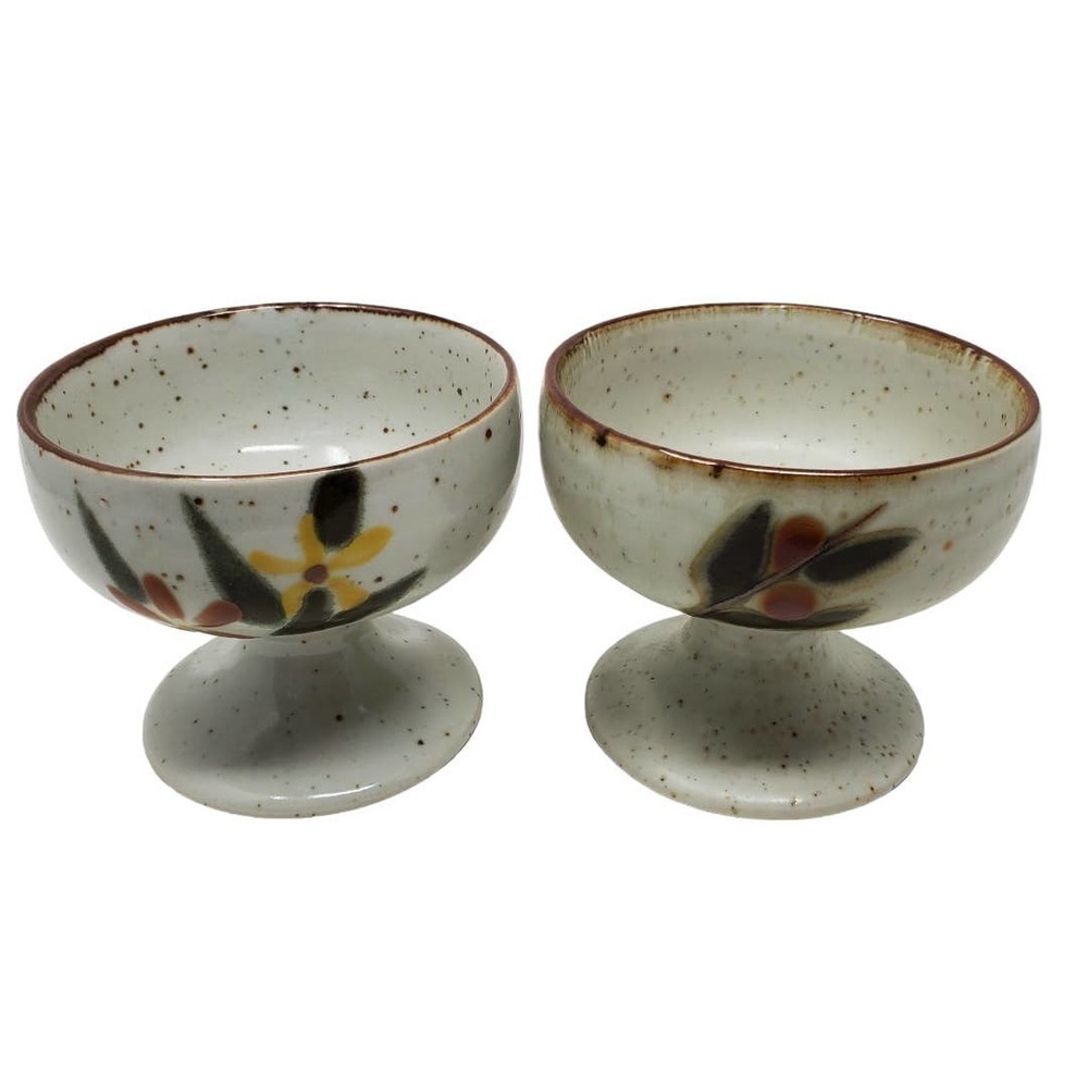 Otagiri Stoneware Speckled Pedestal Goblets Set of 2 | 4" Tall Rustic Farmhouse